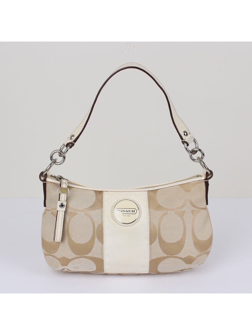 Y2K Coach F17439 Signature Stripe Demi Shoulder Bag Khaki Canvas Cream